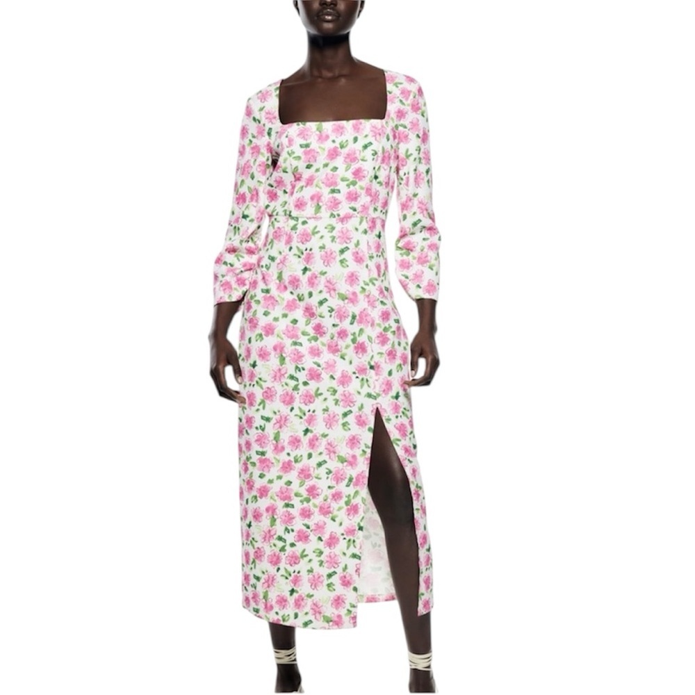 Zara Floral Print Square Neck Mid Dress
